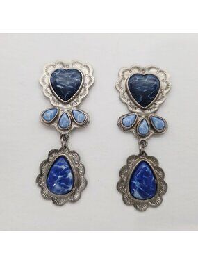 Southwestern Style Denim Lapiz & Silver-Tone Dangle Earrings Blue Heart Teardrop